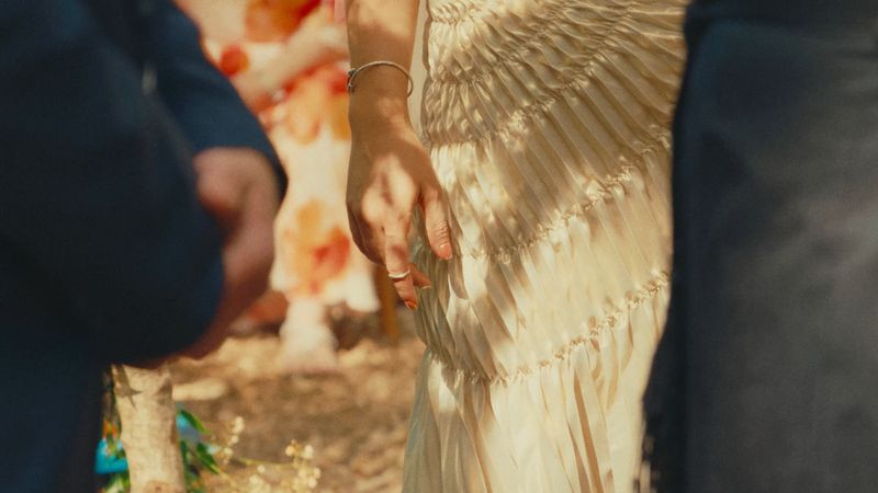 Detail of a pleated wedding dress